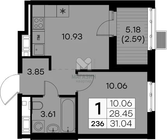 1-комнатная квартира, 31 м2