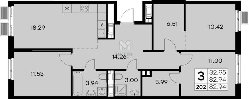 4-комнатная квартира, 82.94 м2