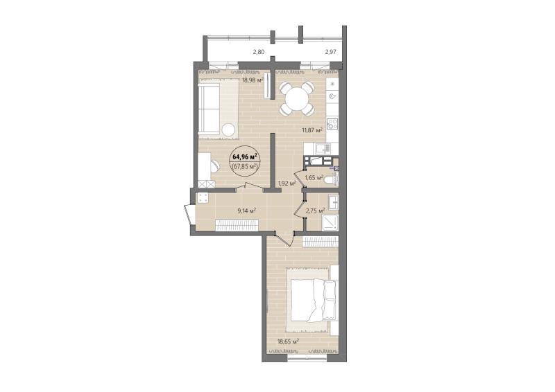 2-комнатная квартира, 71.69 м2