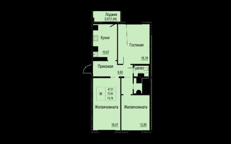 3-комнатная квартира, 74.78 м2