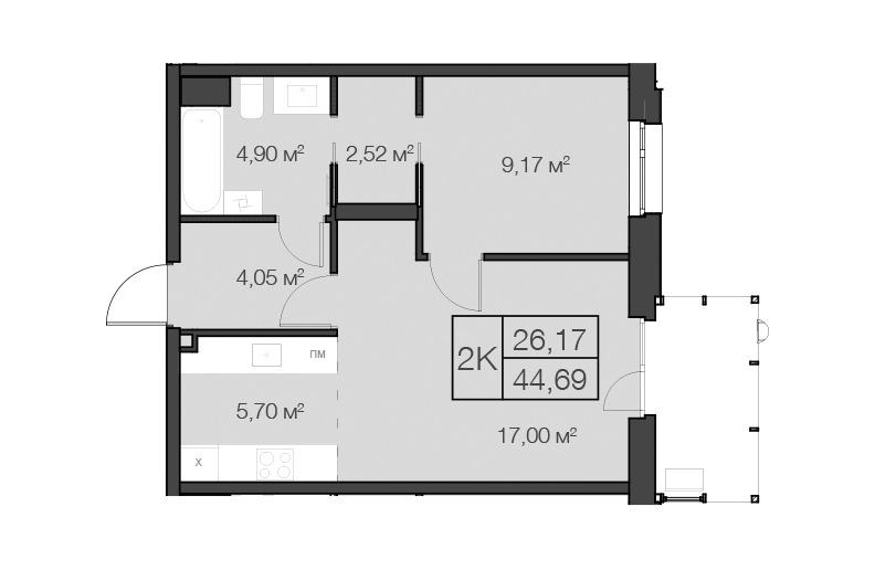 2-комнатная квартира, 44.5 м2