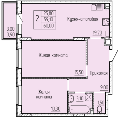 2-комнатная квартира, 61 м2