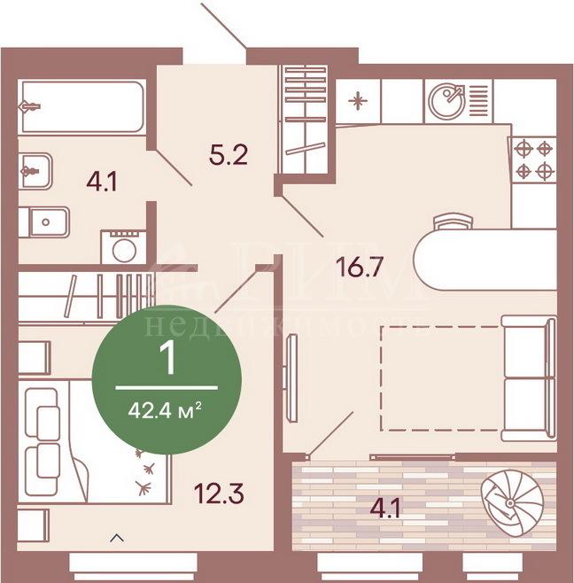 1-комнатная квартира, 42.4 м2