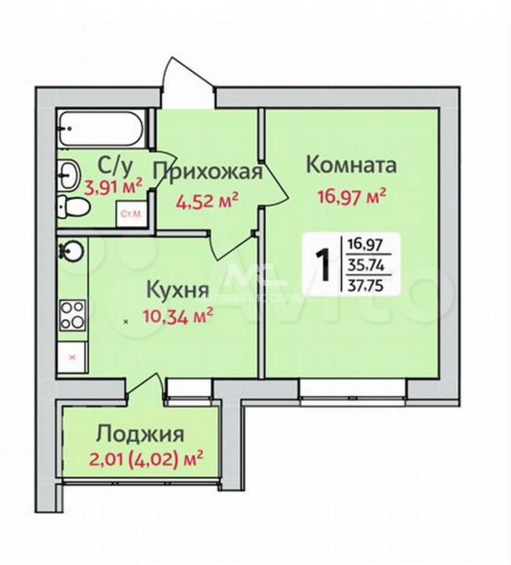 1-комнатная квартира, 37.2 м2