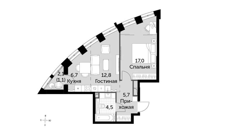 1-комнатная квартира, 47.8 м2