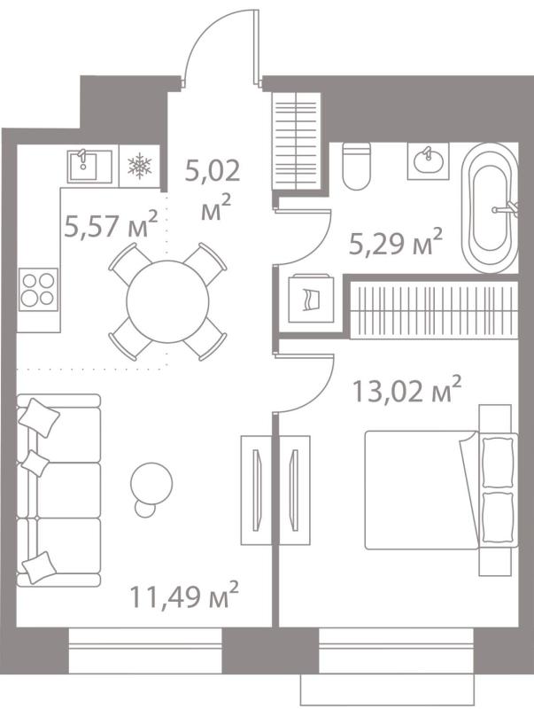 1-комнатная квартира, 40.39 м2