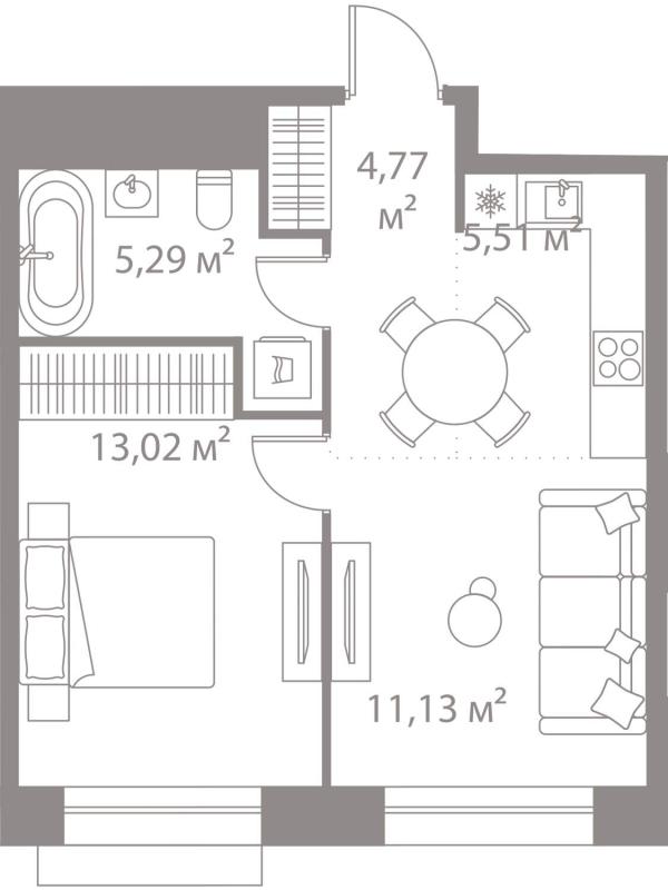 1-комнатная квартира, 39.72 м2