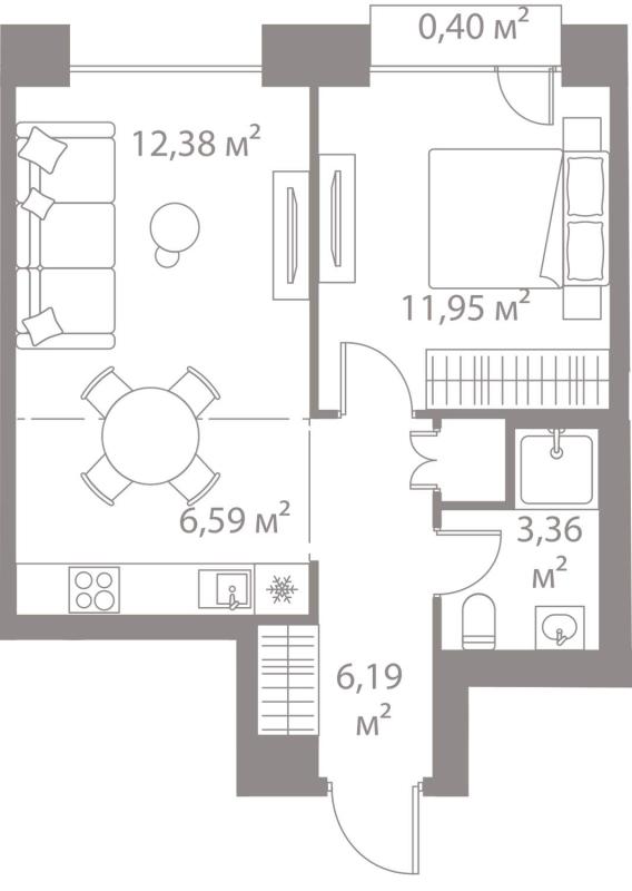 1-комнатная квартира, 40.87 м2