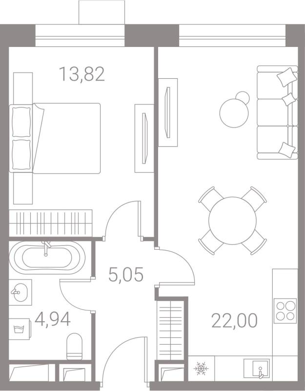 1-комнатная квартира, 45.9 м2