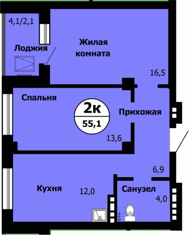 2-комнатная квартира, 55.1 м2