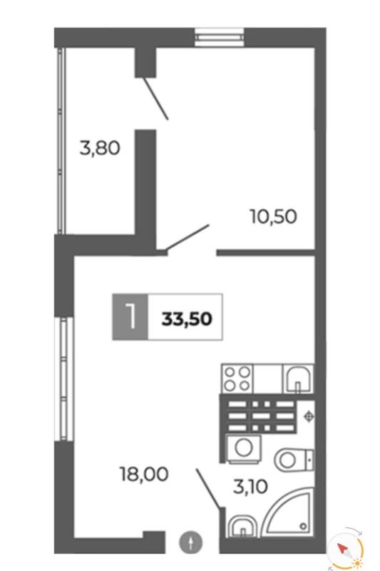 1-комнатная квартира, 33.5 м2