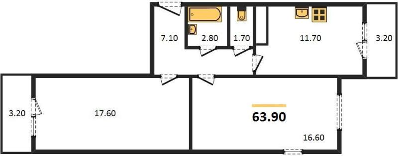 2-комнатная квартира, 63.9 м2