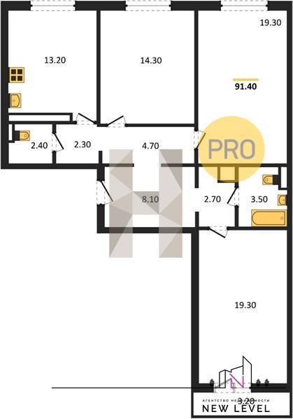 3-комнатная квартира, 91.4 м2