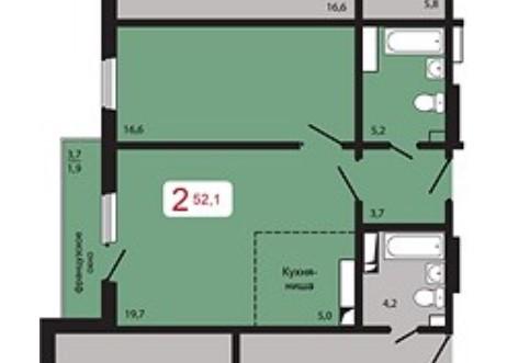 2-комн. квартира, 52.1 м², 12/17 этаж