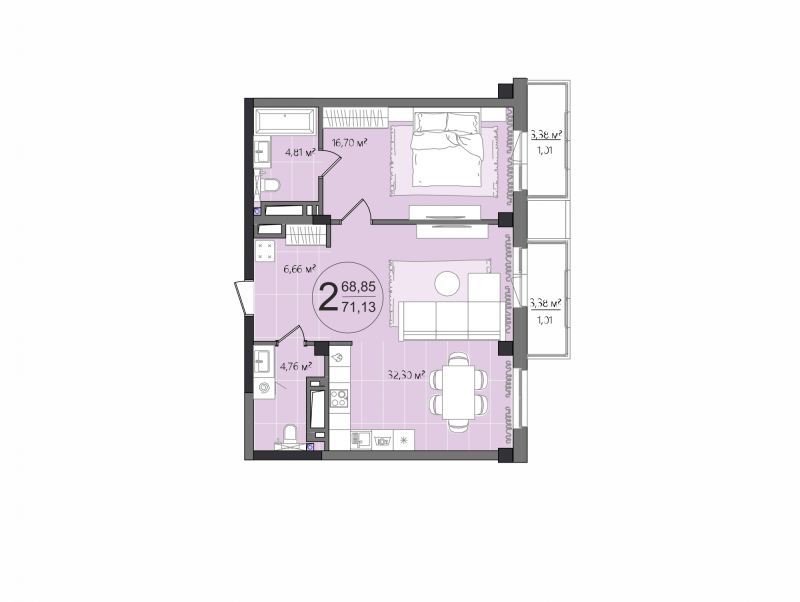 2-комнатная квартира, 72.65 м2