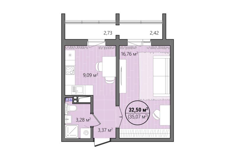 1-комнатная квартира, 38 м2
