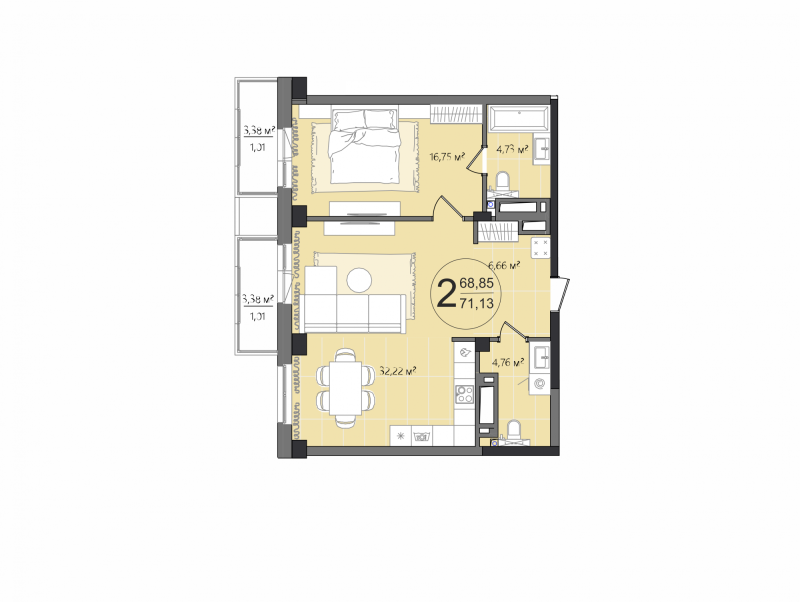 2-комнатная квартира, 72.65 м2