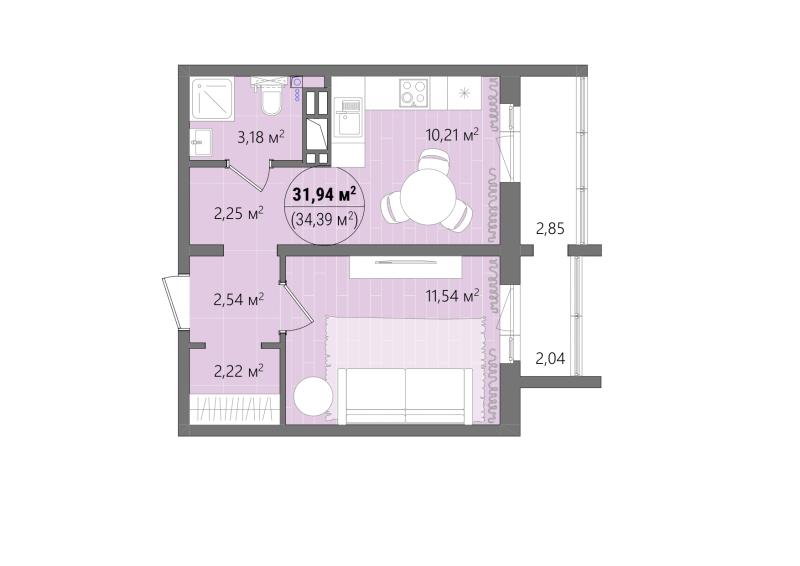 1-комнатная квартира, 37.24 м2
