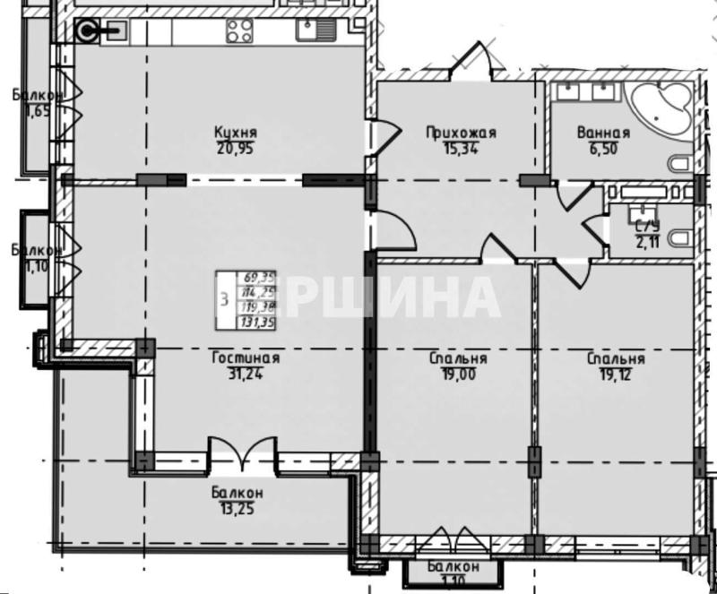 3-комнатная квартира, 131.4 м2