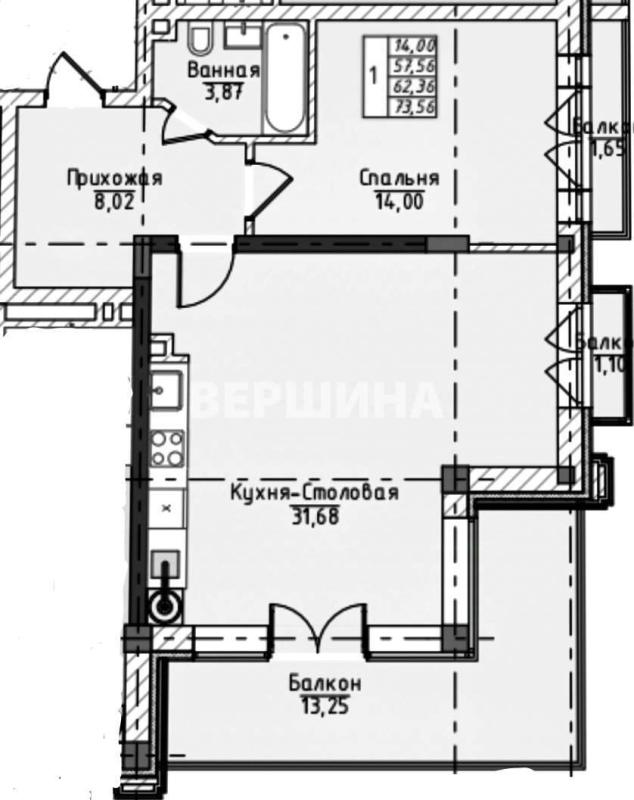1-комнатная квартира, 73.54 м2