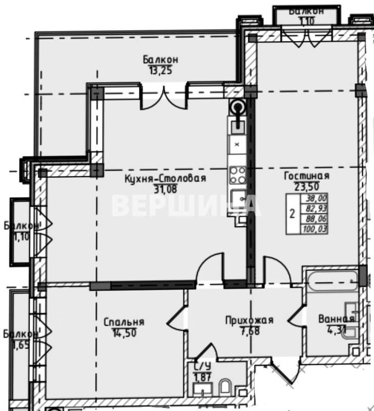 2-комнатная квартира, 100.03 м2