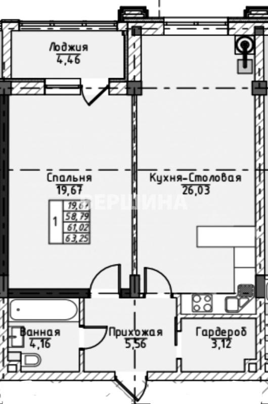 1-комнатная квартира, 63.25 м2