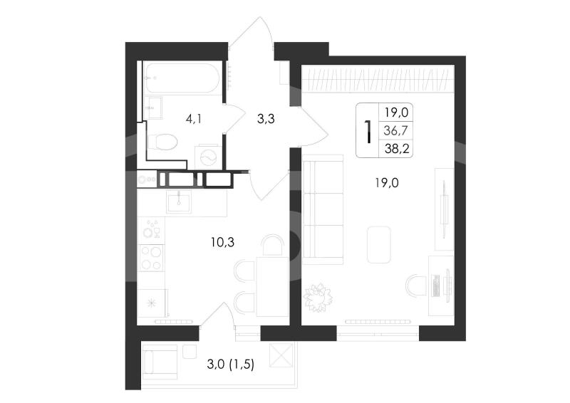 1-комнатная квартира, 38.2 м2