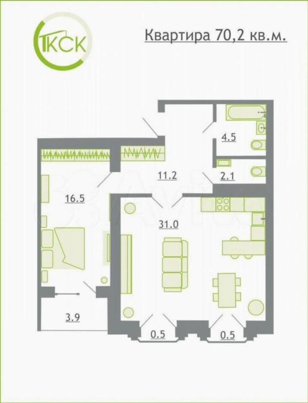 2-комн. квартира, 70 м², 3/5 этаж