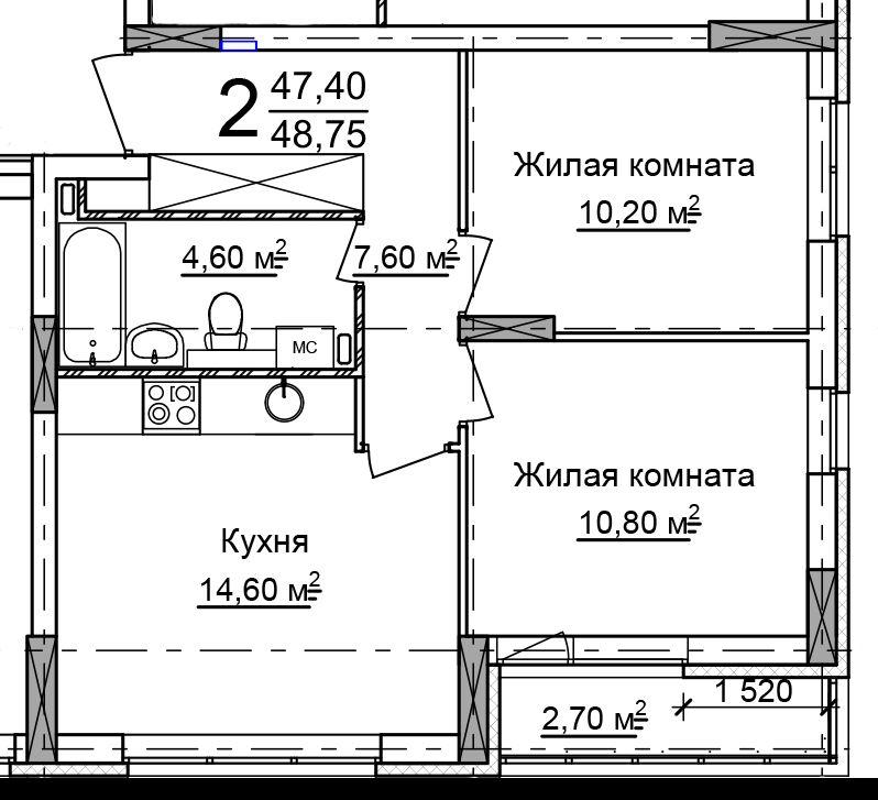 2-комнатная квартира, 48.75 м2