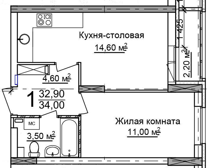 1-комнатная квартира, 34 м2