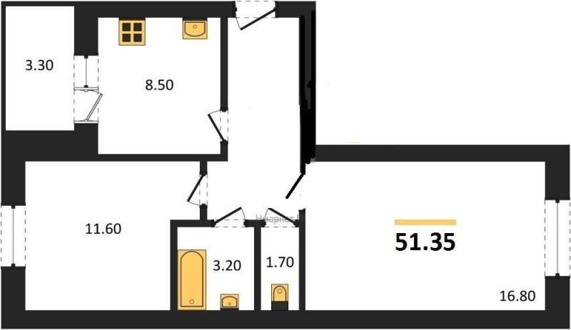 2-комн. квартира, 51.35 м², 4/4 этаж
