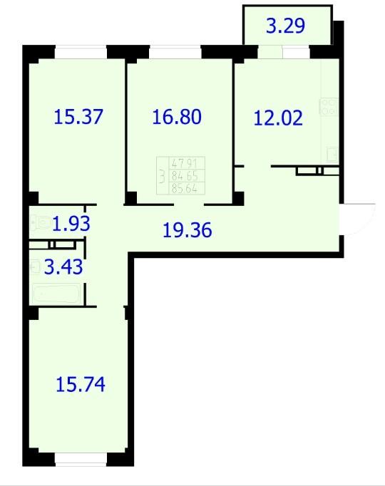 3-комнатная квартира, 85.64 м2