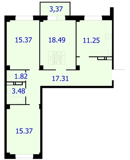 3-комнатная квартира, 84.1 м2