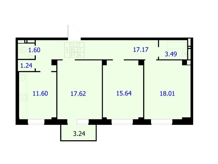 3-комнатная квартира, 87.34 м2