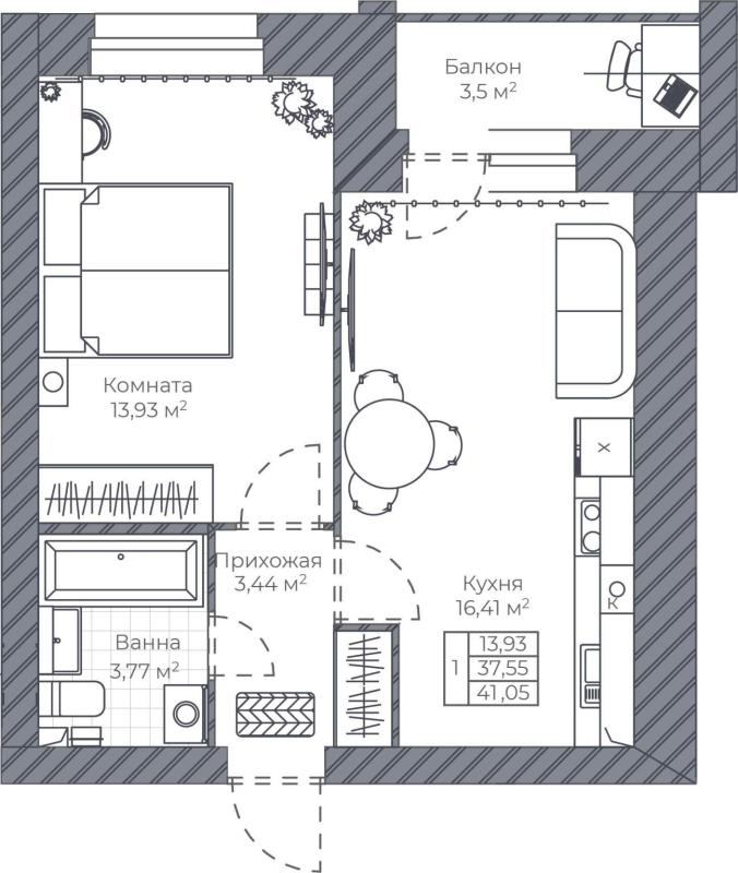 1-комн. квартира, 41 м², 2/9 этаж