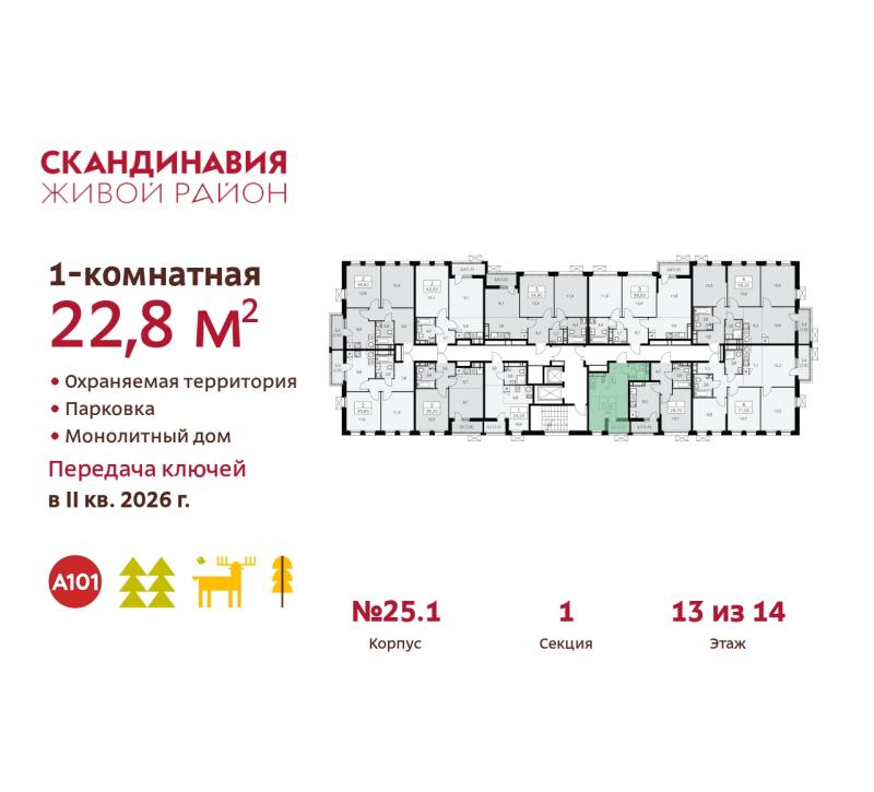 1-комн. квартира, 22.8 м², 13/14 этаж