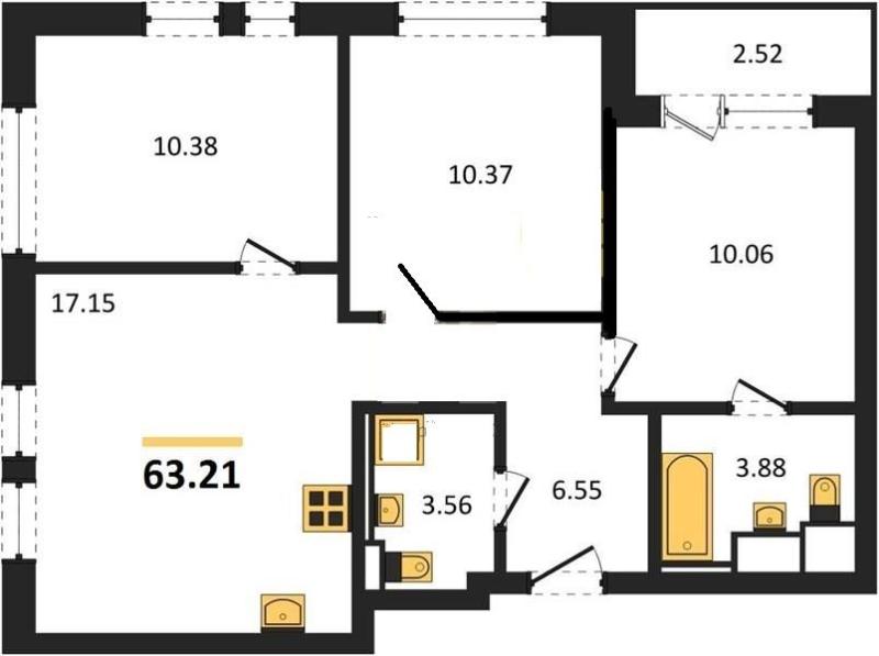 3-комн. квартира, 63 м², 4/17 этаж