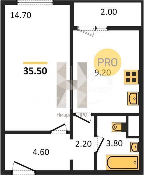 1-комнатная квартира, 35.5 м2