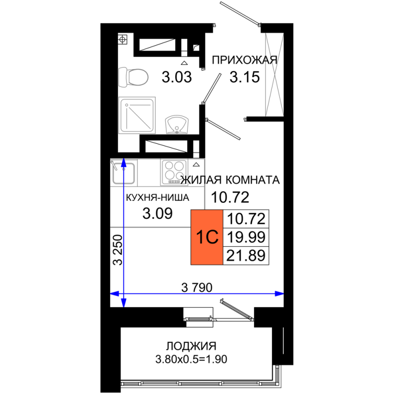 1-комнатная квартира, 21.89 м2