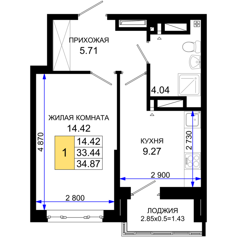 1-комнатная квартира, 34.87 м2