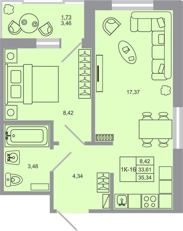 1-комнатная квартира, 35.34 м2