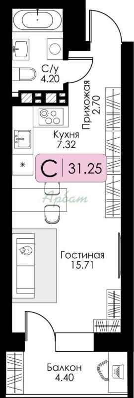 1-комнатная квартира, 32 м2