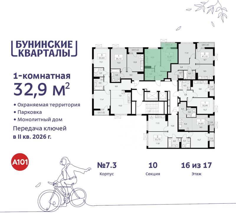 1-комнатная квартира, 32.9 м2