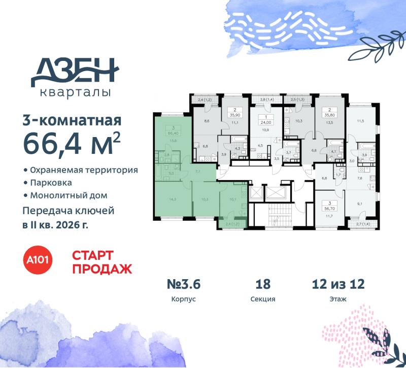 3-комнатная квартира, 66.4 м2