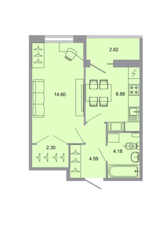1-комнатная квартира, 34.8 м2
