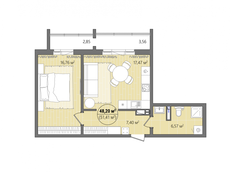 2-комн. квартира, 54 м², 2/17 этаж