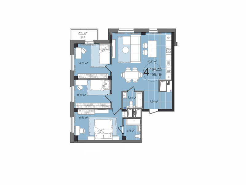 4-комнатная квартира, 107.32 м2