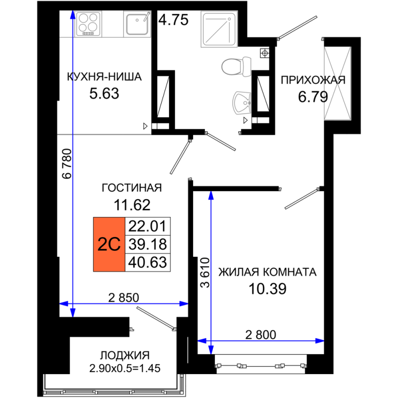 2-комнатная квартира, 40.63 м2