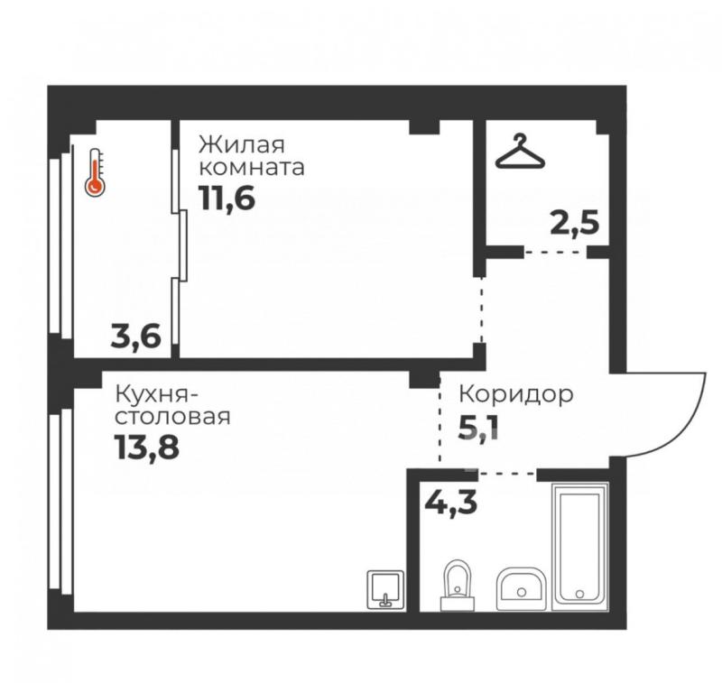 1-комнатная квартира, 37.3 м2