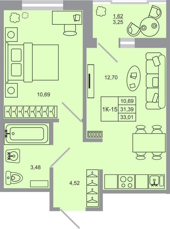 1-комнатная квартира, 33.01 м2